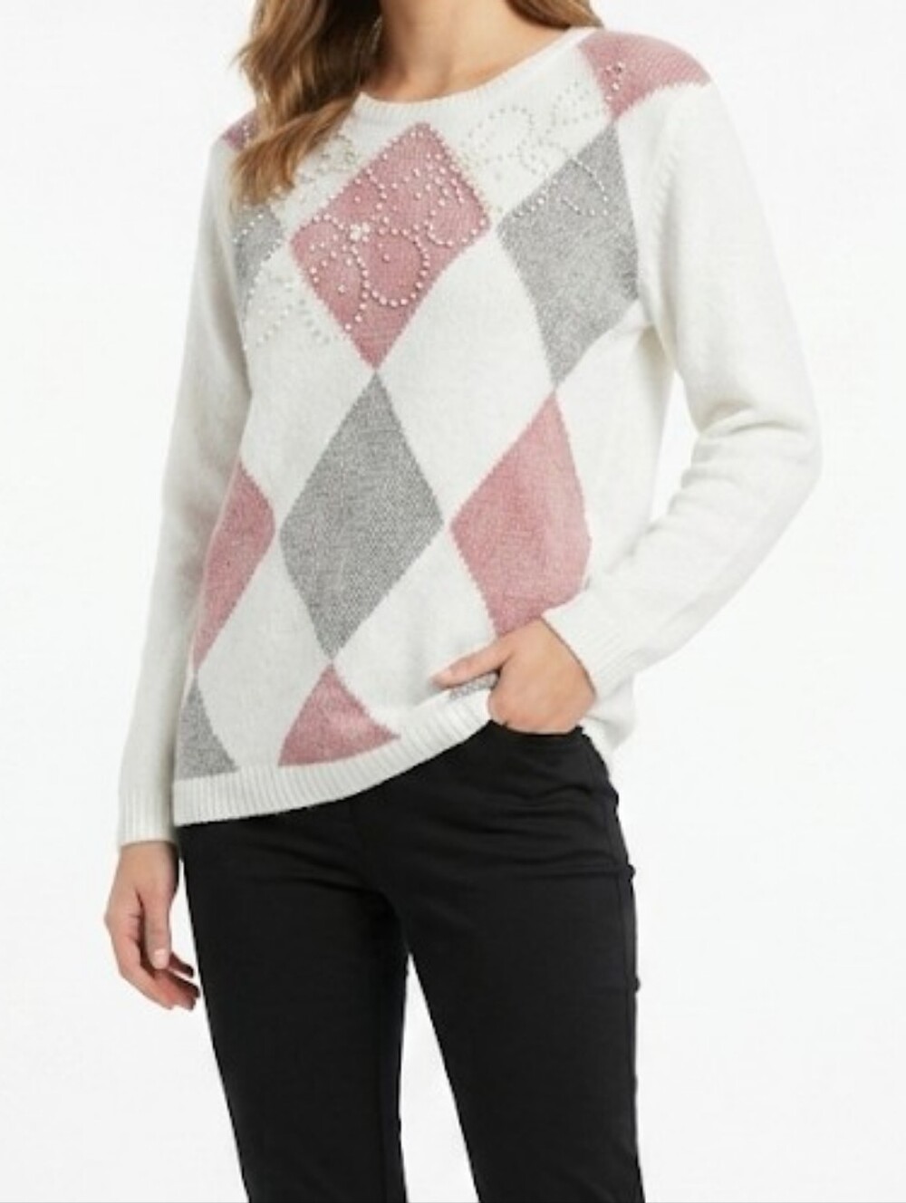 Alfred Dunner Cream Pink & Gray Argyle Beaded Sweater